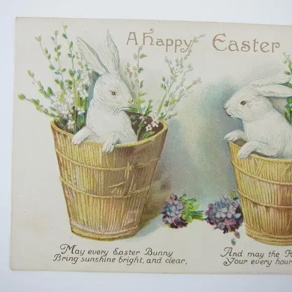 Easter Postcard Two White Rabbits in Baskets Purple Flowers Embossed Antique - Picture 2 of 12